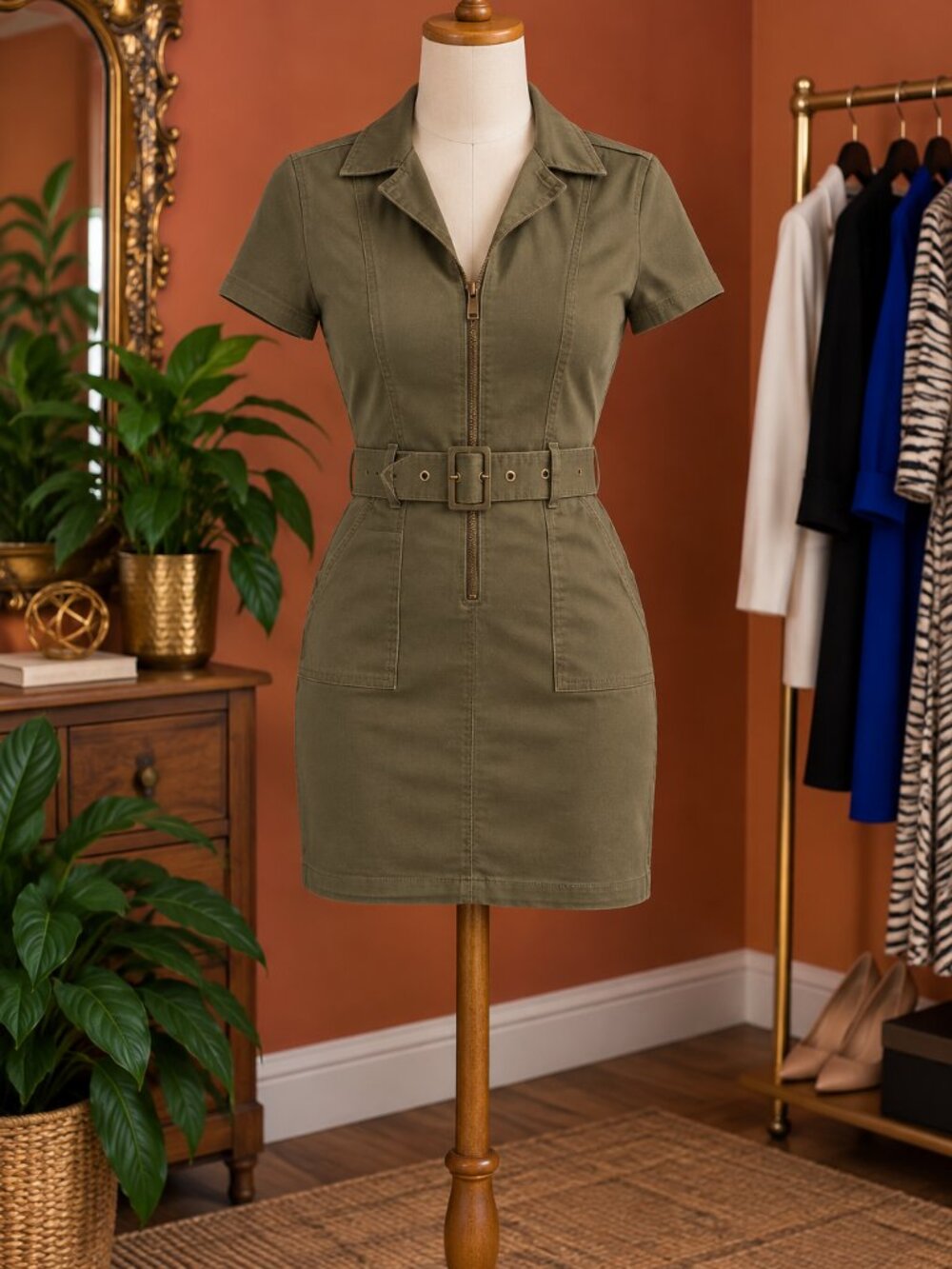 Guess Khaki Mini Dress with Belt